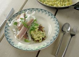 Rauwe aspergesalade met roerei, aardappelkoekjes en gerookte forel