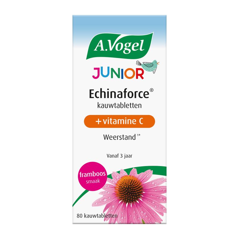 In verpakking Echinaforce Junior + Vitamine C kauwtablet voorkant