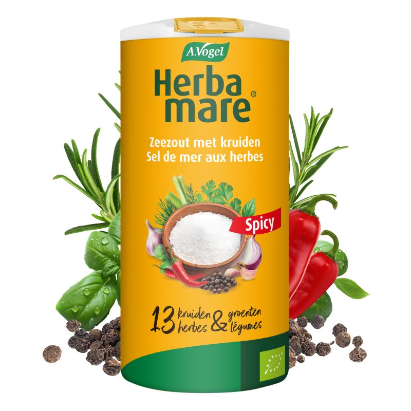 In verpakking A.Vogel Herbamare® zeezout met kruiden Spicy voorkant