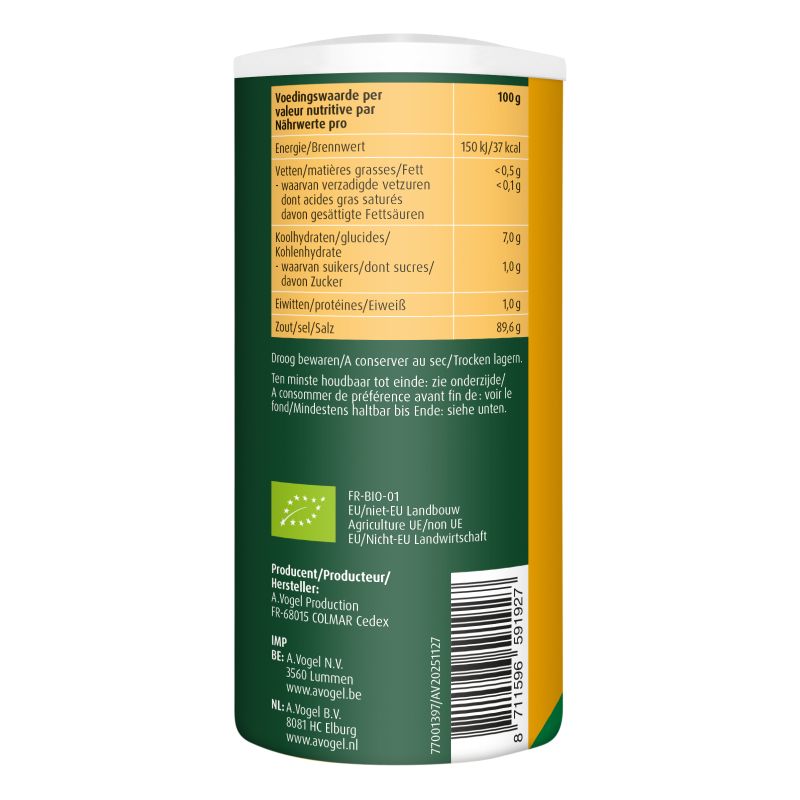 Uit verpakking A.Vogel Herbamare® zeezout met kruiden Spicy linkerkant