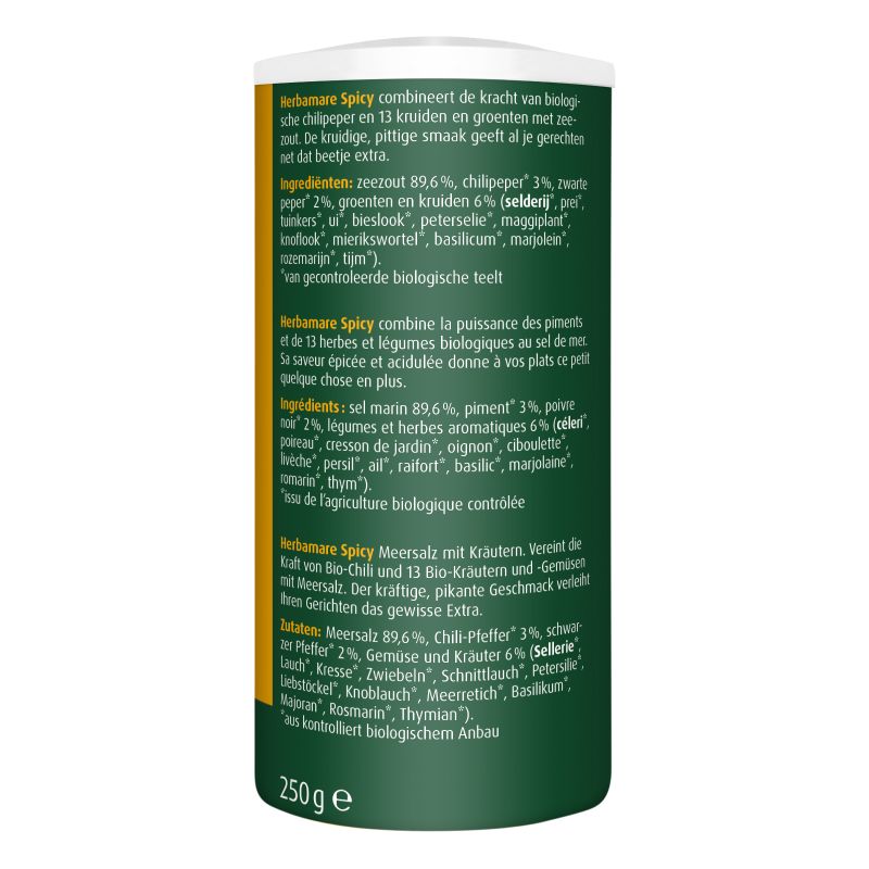 Verpakking A.Vogel Herbamare® zeezout met kruiden Spicy achterkant