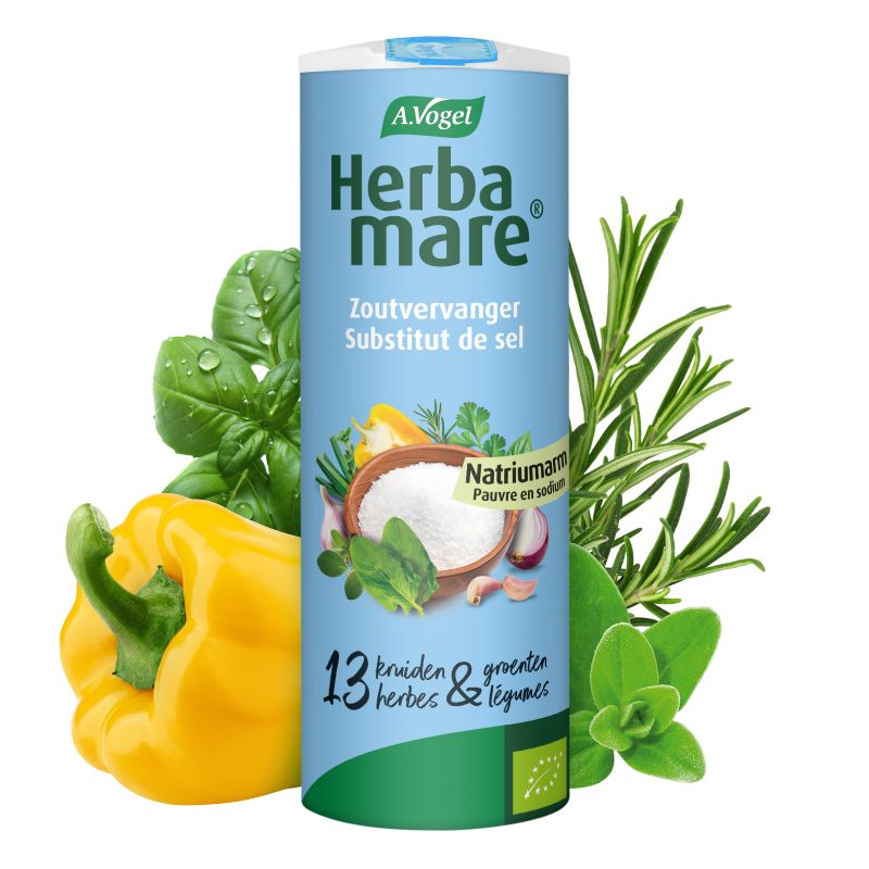 In verpakking A.Vogel Herbamare® zoutvervanger met kruiden Natriumarm voorkant