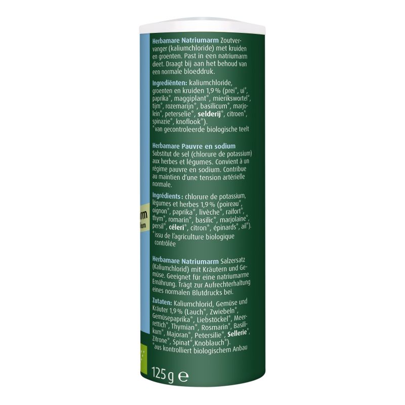 Verpakking A.Vogel Herbamare® zoutvervanger met kruiden Natriumarm achterkant