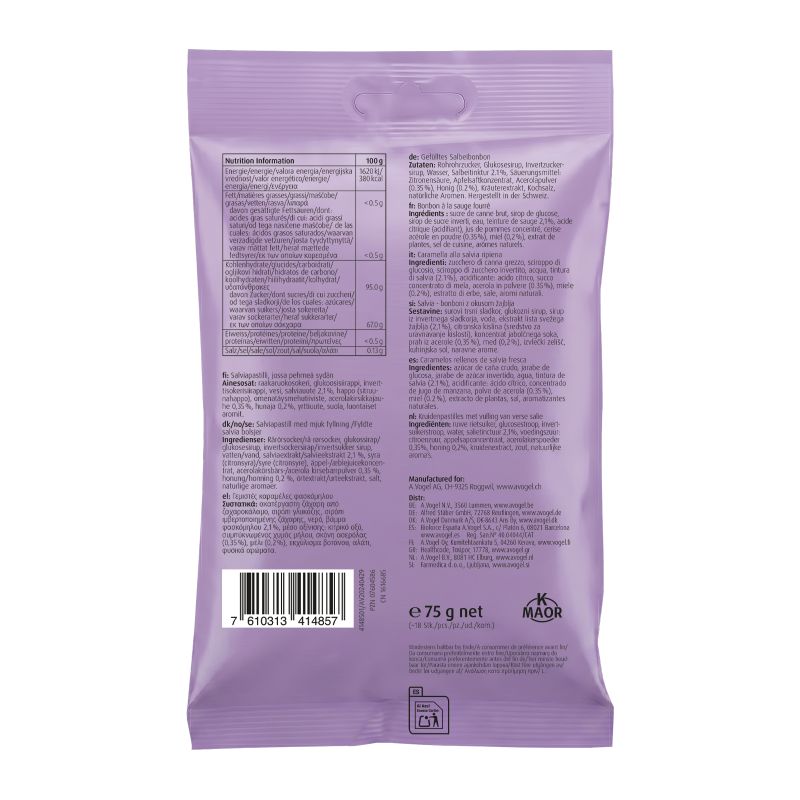 Verpakking A.Vogel Salvia bonbons 75g achterkant