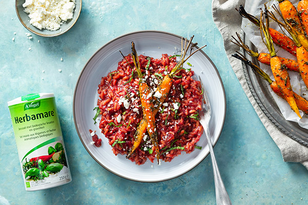 Bietenrisotto met geroosterde bospeen